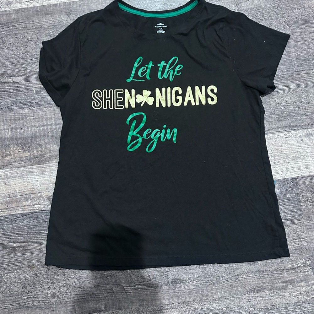 Black Tee with Green and Gold Print